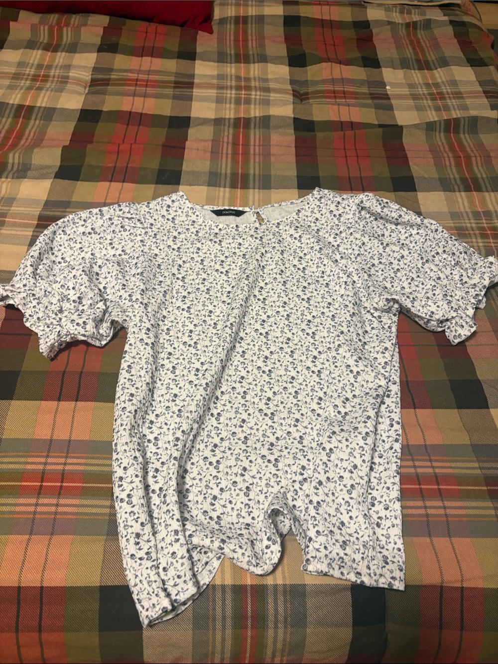 Light Blue Floral Puff-Sleeve Blouse - Unbranded